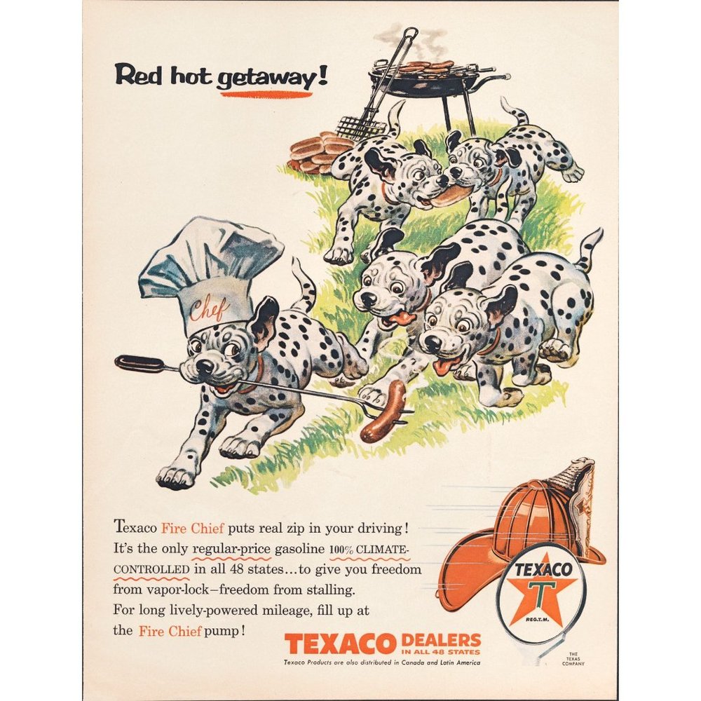 1956 Texaco Dealers Red Hot Getaway Vintage Print Ad Dalmatian Puppies Grill 50s